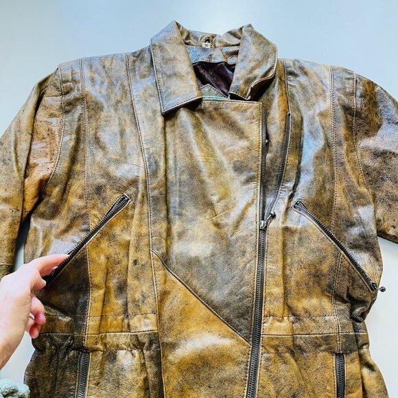 Vintage 100% Leather Tan Brown Moto Bomber Zipper Biker Distressed Pockets Mediu - Picture 3 of 13
